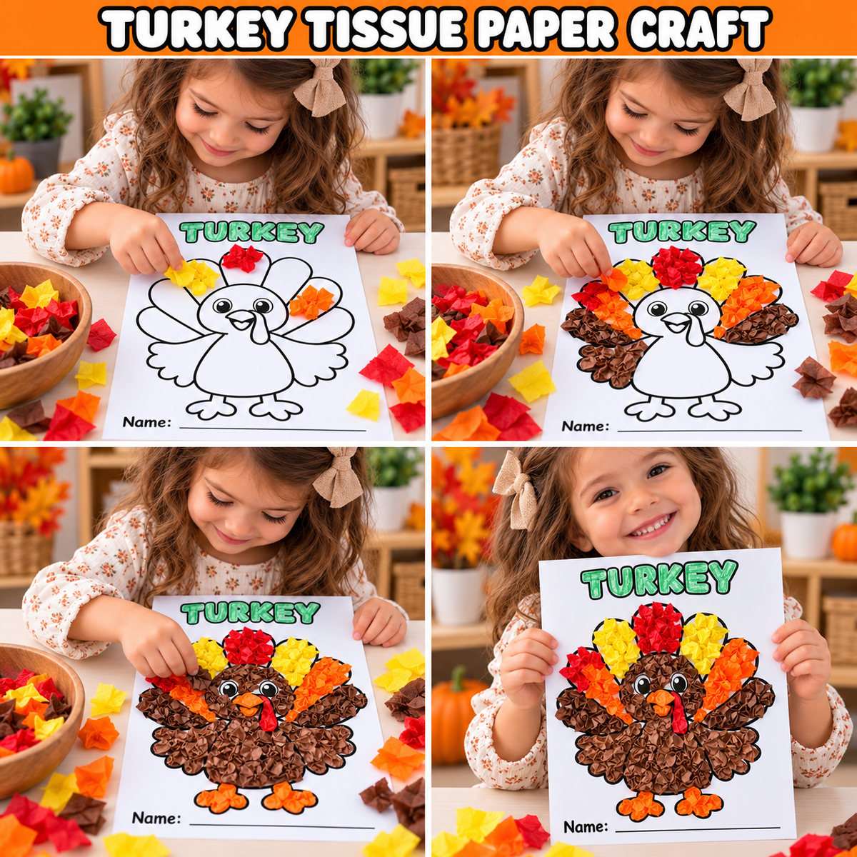 Thanksgiving Turkey Craft Printable | Turkey Art Activity for Kids | Playdough, Pom Pom, Tissue Paper & More