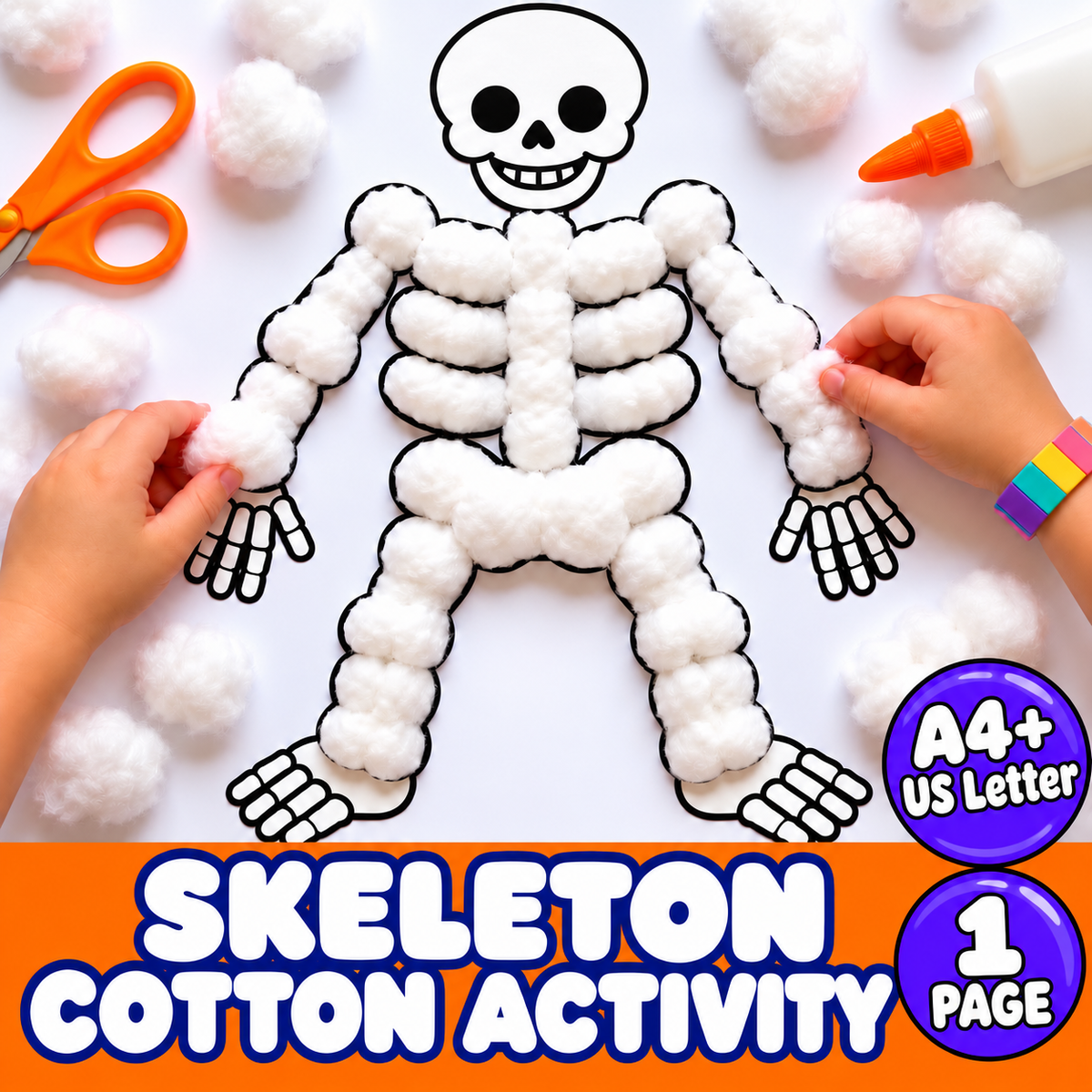 Skeleton Cotton Ball Craft Printable, Halloween Skeleton Craft for Kids, Preschool Halloween Activity, Cotton Ball Skeleton, Kids Halloween Craft