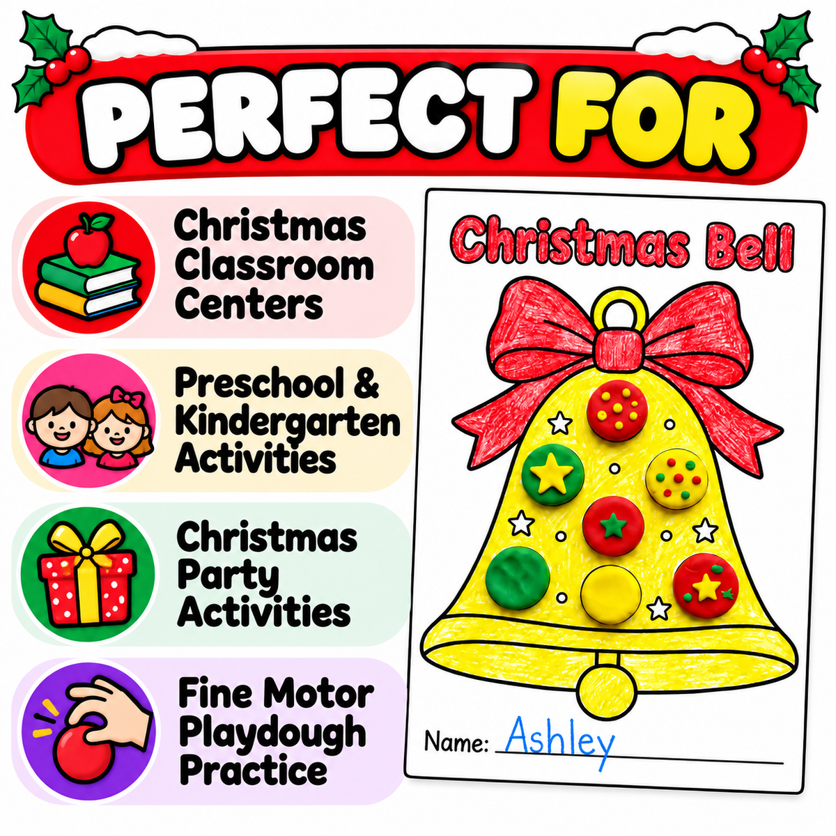 Christmas Craft for Kids, Christmas Tree Wreath Bauble Bell Activity, Kids Christmas Party, Xmas Classroom Activity, Playdough Craft