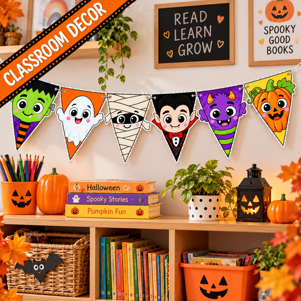 Halloween Character Banner Printable, Halloween Bunting, Halloween Pennant Garland, Classroom Door Decor, Halloween Bulletin Board Decor