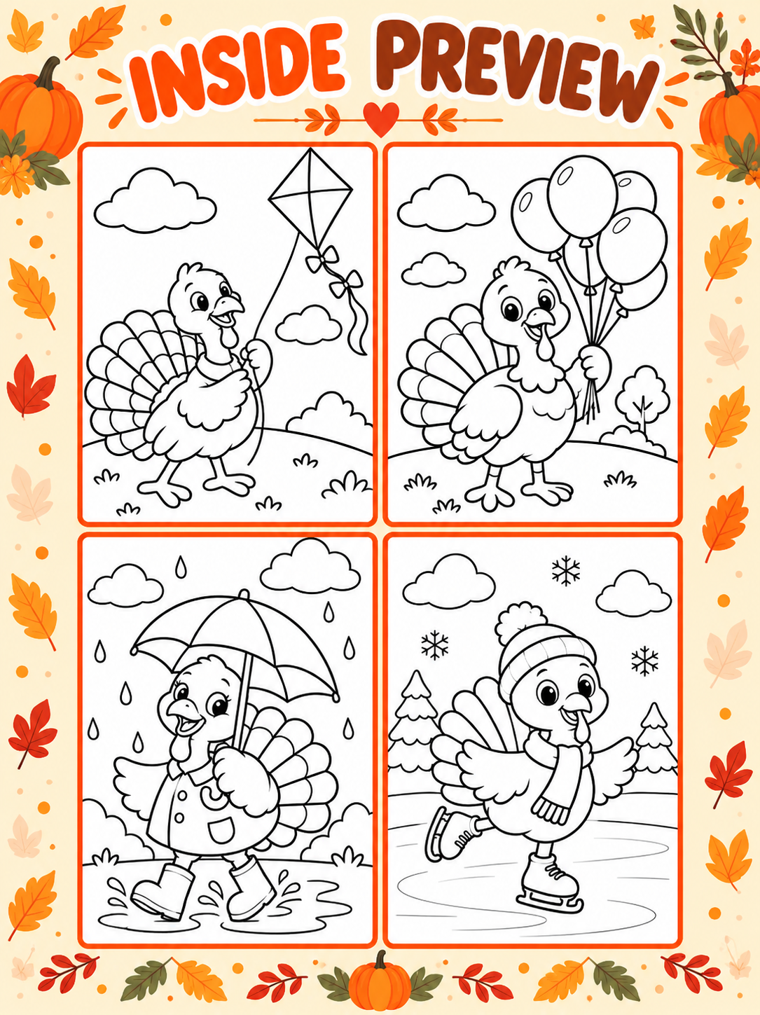 Thanksgiving Turkey Coloring Pages for Kids, 20 Cute Turkey Colouring Sheets, Fall Preschool Activity, Thanksgiving Printable
