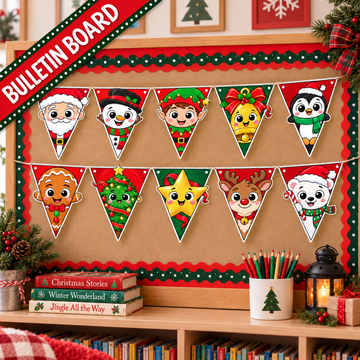 Christmas Character Banner Printable, Christmas Pennant Garland, Christmas Bunting, Classroom Bulletin Board & Door Decor