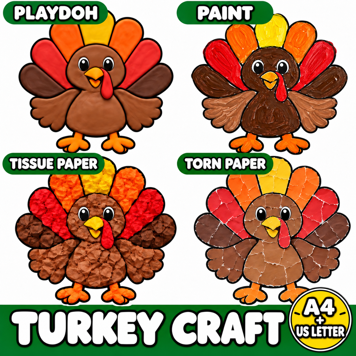 Thanksgiving Turkey Craft Printable | Turkey Art Activity for Kids | Playdough, Pom Pom, Tissue Paper & More