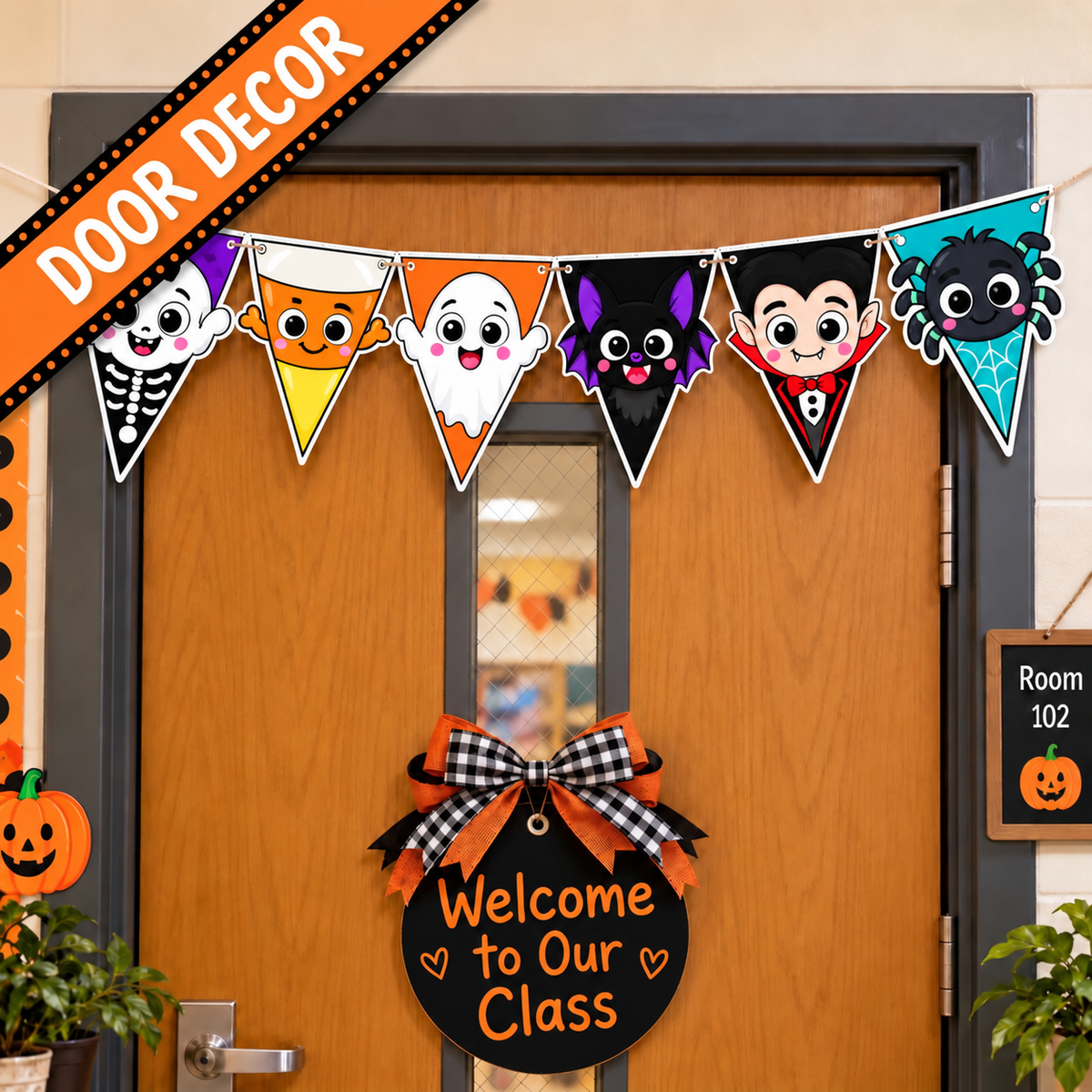 Halloween Character Banner Printable, Halloween Bunting, Halloween Pennant Garland, Classroom Door Decor, Halloween Bulletin Board Decor