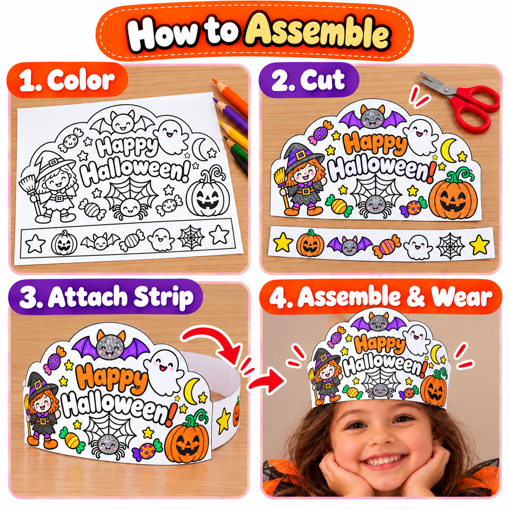 Halloween Crown Printable for Kids | Happy Halloween Coloring Crown | Halloween Headband Craft