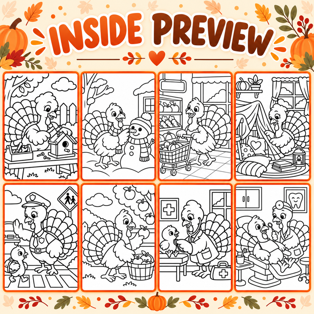 Thanksgiving Turkey Coloring Pages for Kids, 20 Cute Turkey Colouring Sheets, Fall Preschool Activity, Thanksgiving Printable