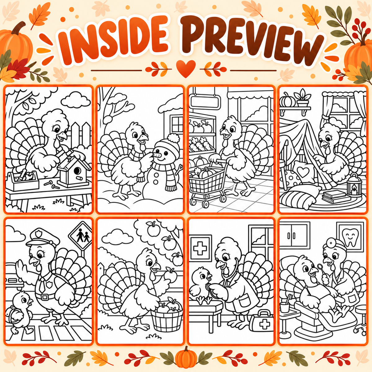 Thanksgiving Turkey Coloring Pages for Kids, 20 Cute Turkey Colouring Sheets, Fall Preschool Activity, Thanksgiving Printable