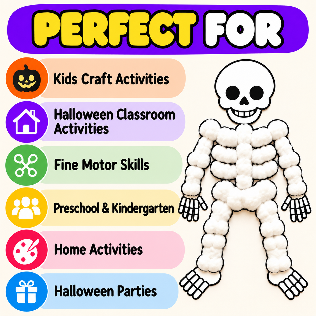 Skeleton Cotton Ball Craft Printable, Halloween Skeleton Craft for Kids, Preschool Halloween Activity, Cotton Ball Skeleton, Kids Halloween Craft