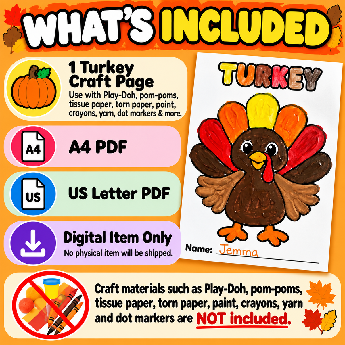 Thanksgiving Turkey Craft Printable | Turkey Art Activity for Kids | Playdough, Pom Pom, Tissue Paper & More
