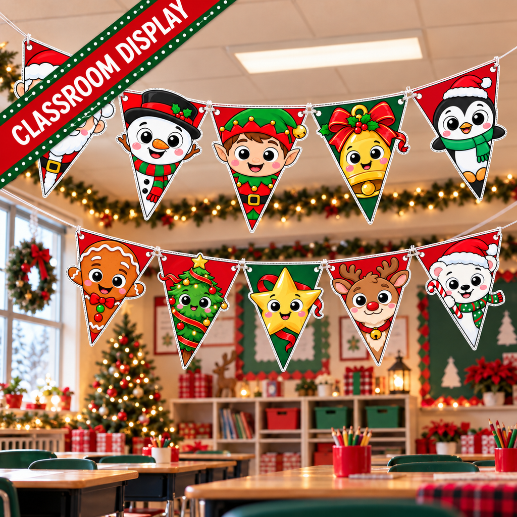 Christmas Character Banner Printable, Christmas Pennant Garland, Christmas Bunting, Classroom Bulletin Board & Door Decor