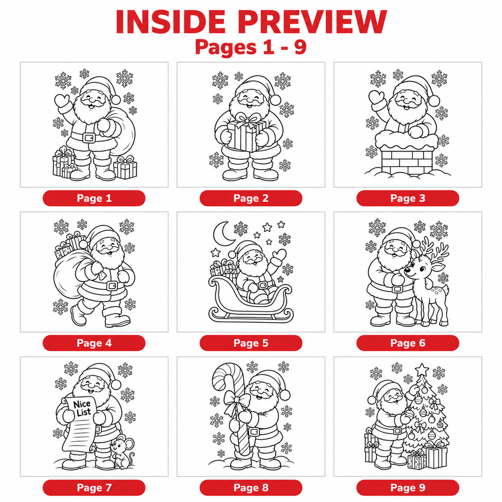 Santa Coloring Pages for Kids, 20 Printable Christmas Colouring Sheets, Santa Claus Coloring Book, Preschool Kindergarten Holiday Activity