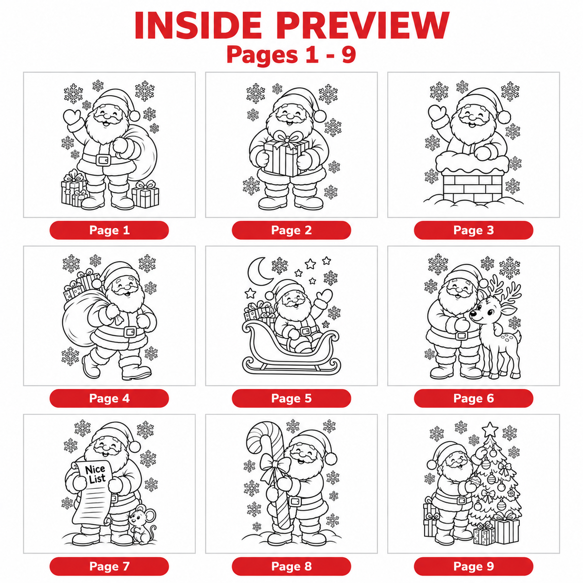 Santa Coloring Pages for Kids, 20 Printable Christmas Colouring Sheets, Santa Claus Coloring Book, Preschool Kindergarten Holiday Activity