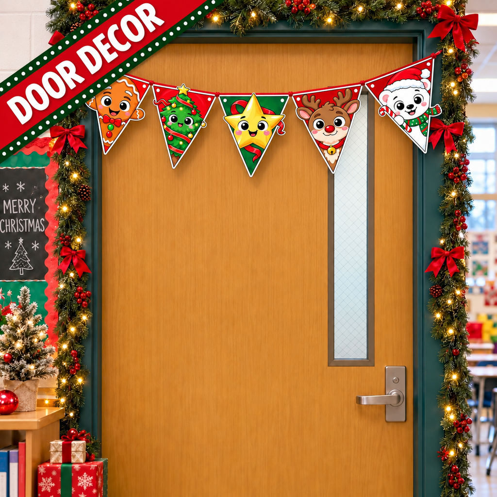 Christmas Character Banner Printable, Christmas Pennant Garland, Christmas Bunting, Classroom Bulletin Board & Door Decor