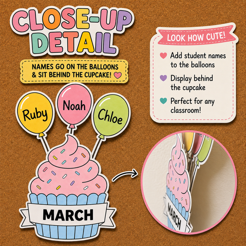 Birthday Bulletin Board Printable, Our Birthdays Classroom Display, Cupcake Birthday Board, Birthday Balloons, Classroom Decor
