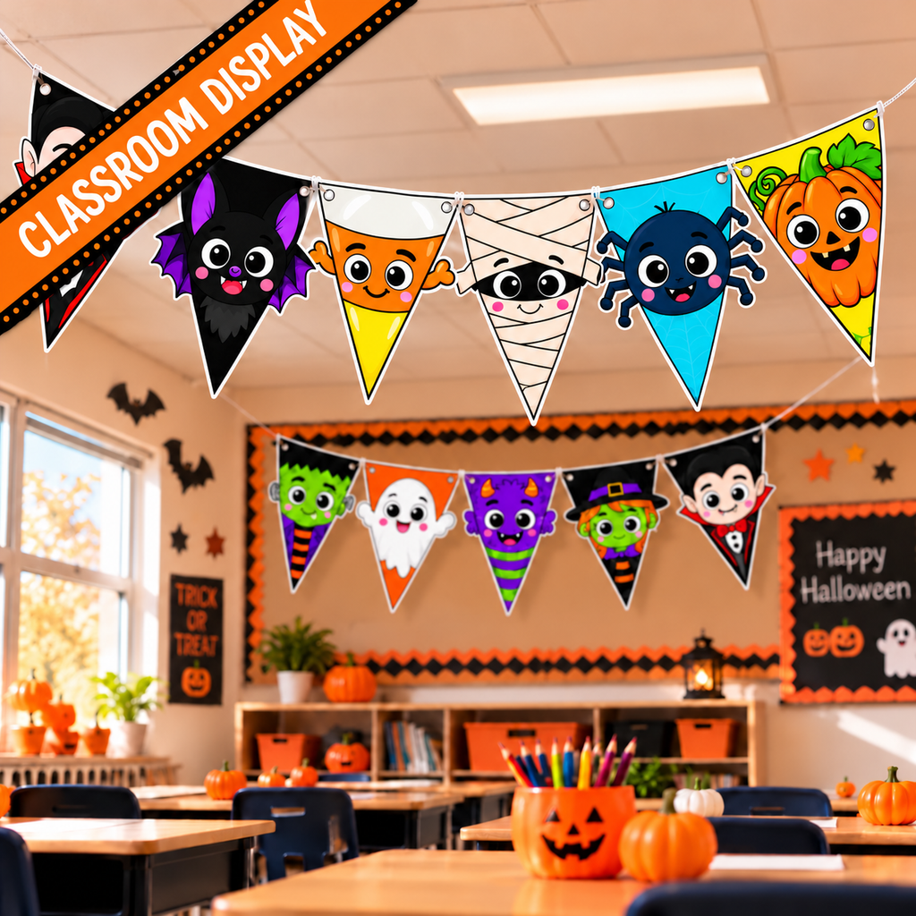 Halloween Character Banner Printable, Halloween Bunting, Halloween Pennant Garland, Classroom Door Decor, Halloween Bulletin Board Decor