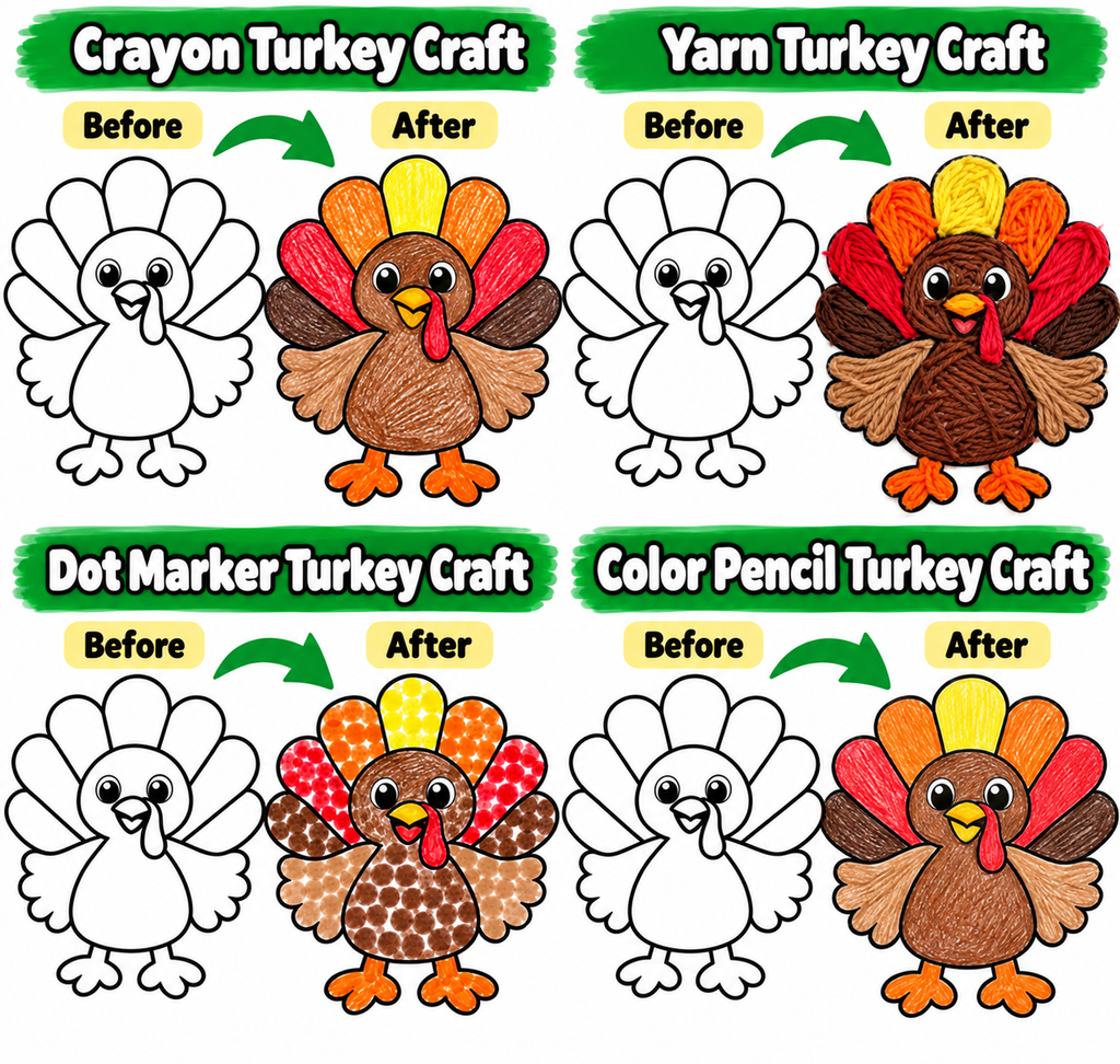 Thanksgiving Turkey Craft Printable | Turkey Art Activity for Kids | Playdough, Pom Pom, Tissue Paper & More