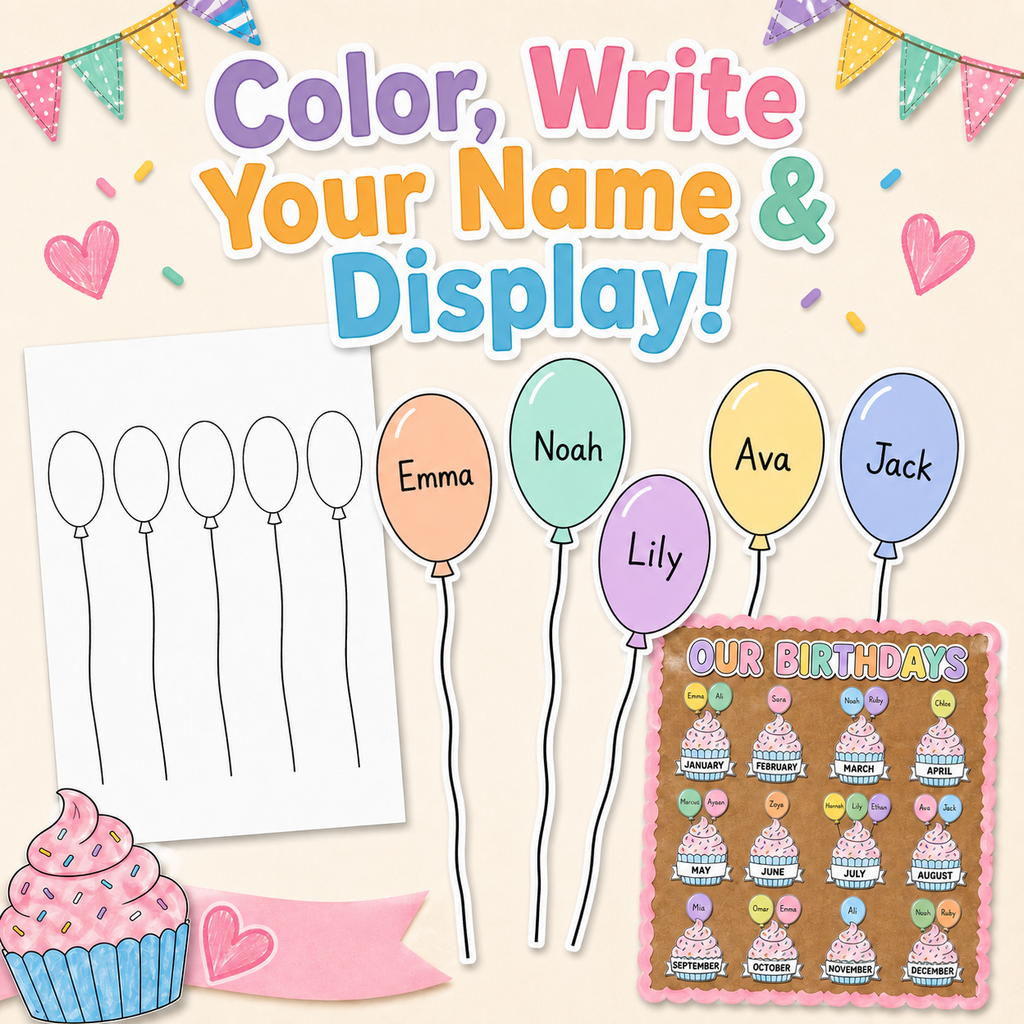 Birthday Bulletin Board Printable, Our Birthdays Classroom Display, Cupcake Birthday Board, Birthday Balloons, Classroom Decor