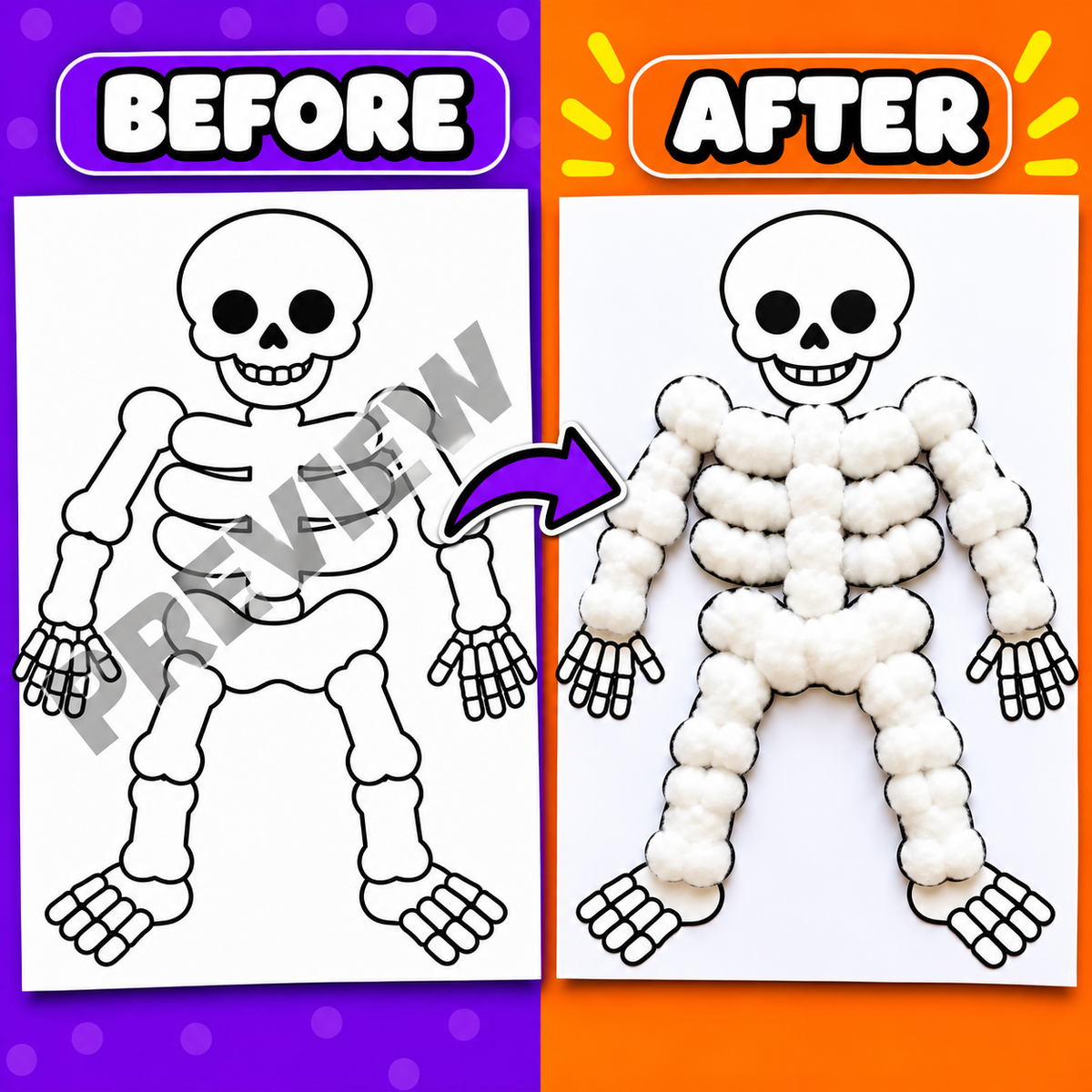 Skeleton Cotton Ball Craft Printable, Halloween Skeleton Craft for Kids, Preschool Halloween Activity, Cotton Ball Skeleton, Kids Halloween Craft