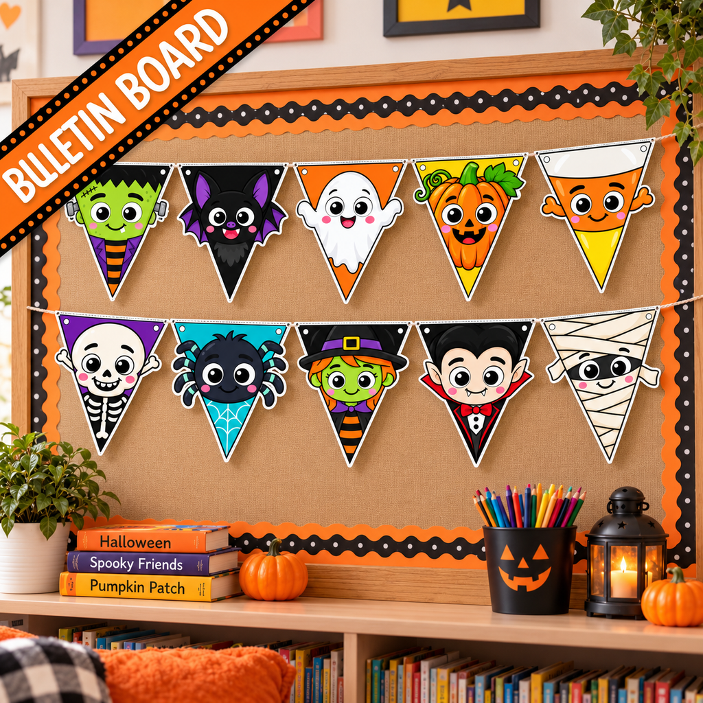 Halloween Character Banner Printable, Halloween Bunting, Halloween Pennant Garland, Classroom Door Decor, Halloween Bulletin Board Decor