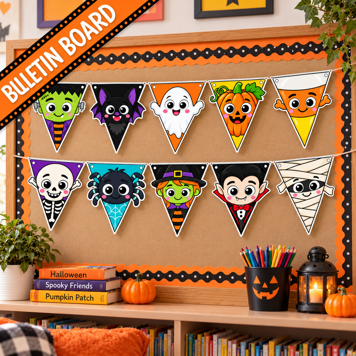 Halloween Character Banner Printable, Halloween Bunting, Halloween Pennant Garland, Classroom Door Decor, Halloween Bulletin Board Decor