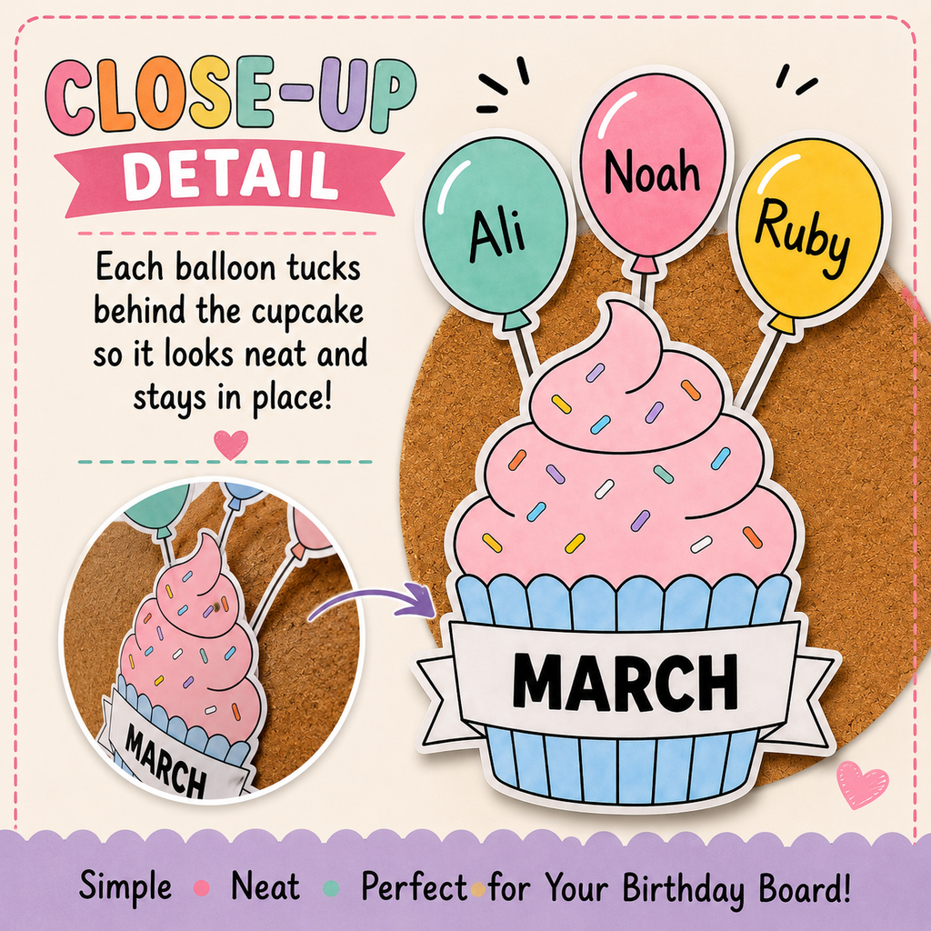 Birthday Bulletin Board Printable, Our Birthdays Classroom Display, Cupcake Birthday Board, Birthday Balloons, Classroom Decor