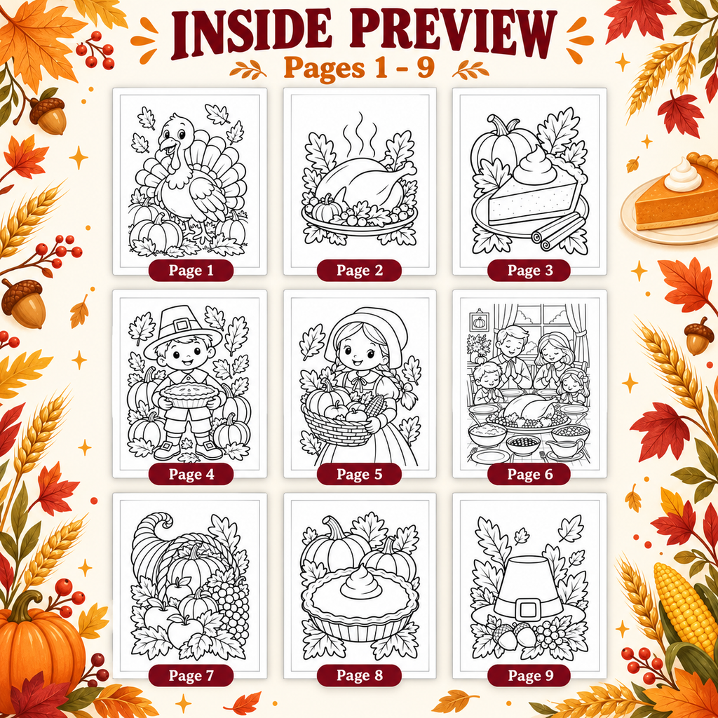 Thanksgiving Coloring Pages for Kids, 25 Printable Thanksgiving Colouring Sheets, Fall Harvest Activity, Turkey Pumpkin Coloring Book