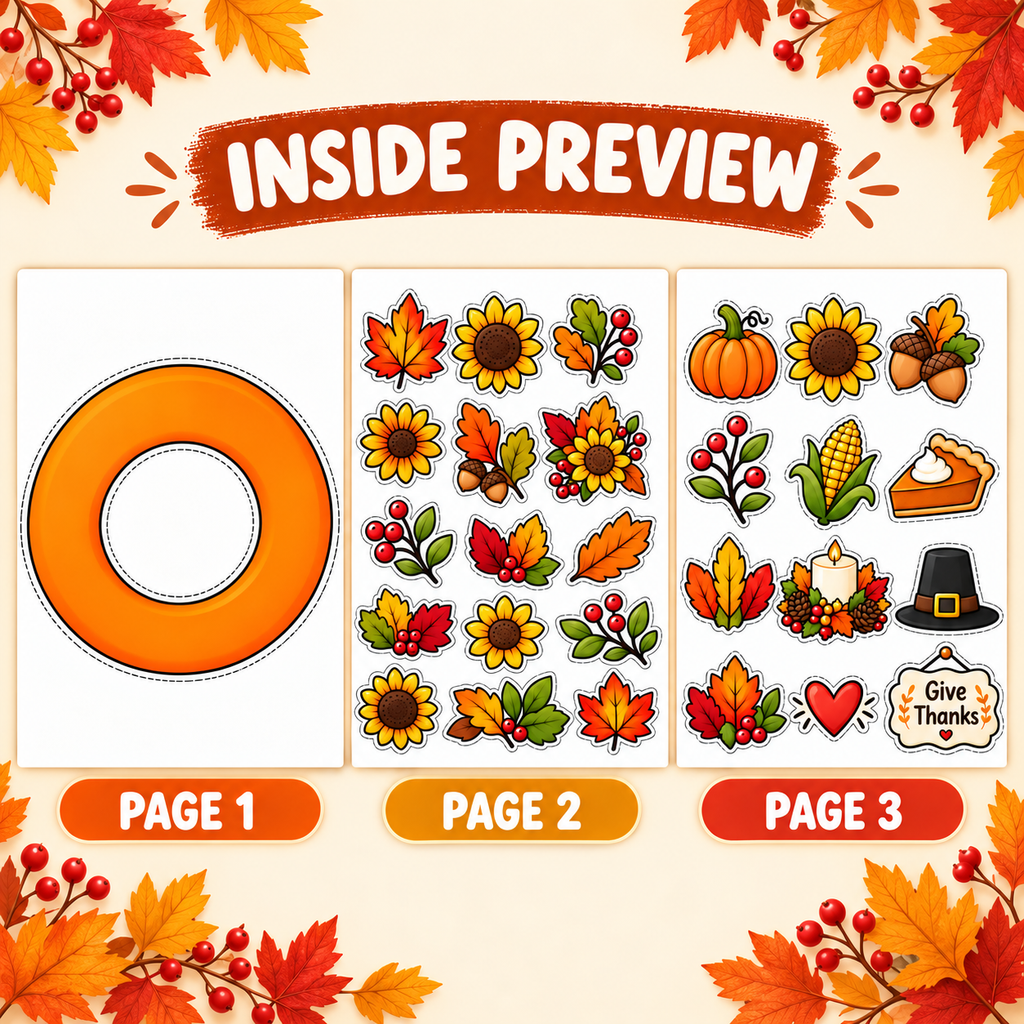 Thanksgiving Wreath Craft for Kids, Printable Cut and Paste Activity, Full Color Thanksgiving Cutouts, Fall Harvest Classroom Craft