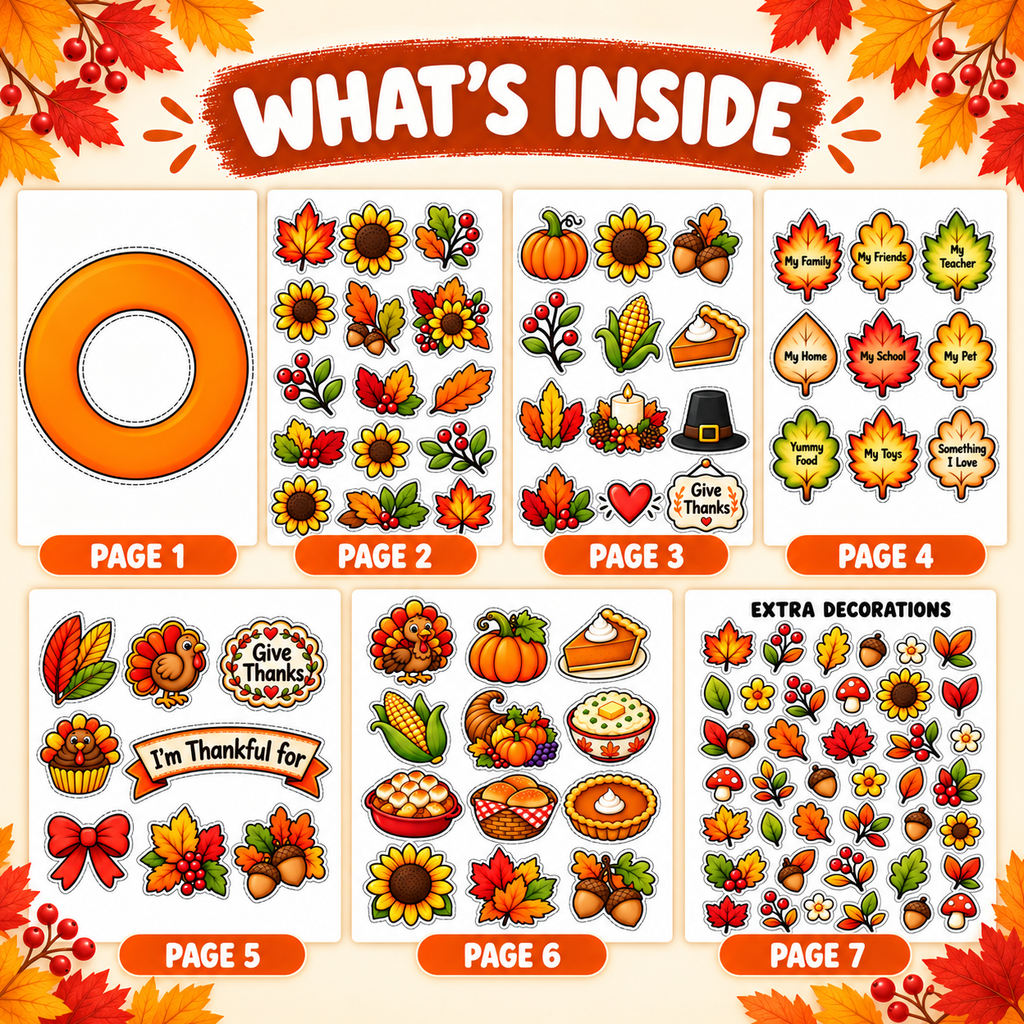 Thanksgiving Wreath Craft for Kids, Printable Cut and Paste Activity, Full Color Thanksgiving Cutouts, Fall Harvest Classroom Craft