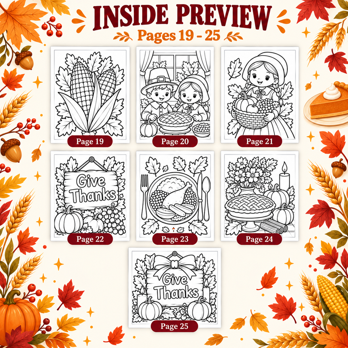 Thanksgiving Coloring Pages for Kids, 25 Printable Thanksgiving Colouring Sheets, Fall Harvest Activity, Turkey Pumpkin Coloring Book