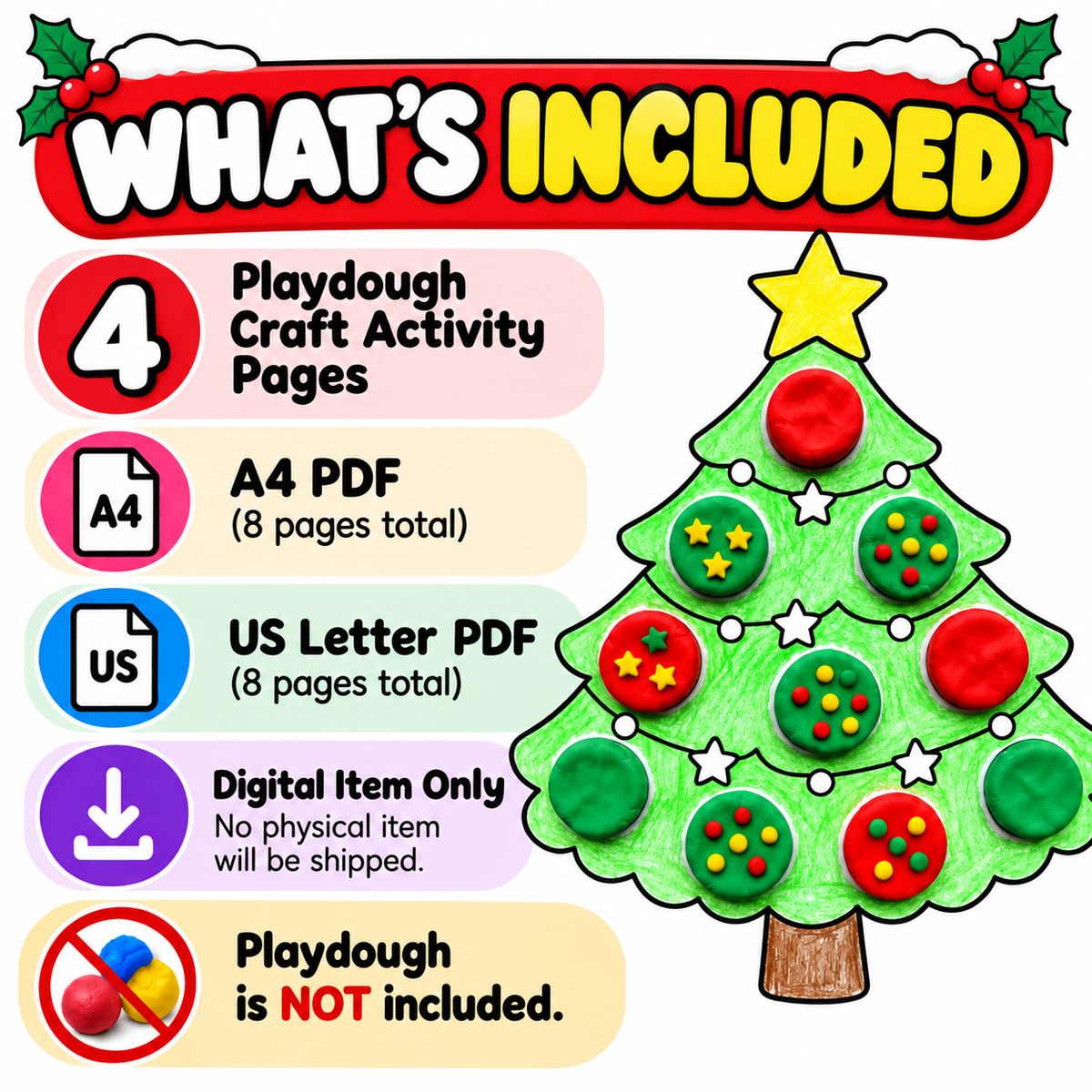 Christmas Craft for Kids, Christmas Tree Wreath Bauble Bell Activity, Kids Christmas Party, Xmas Classroom Activity, Playdough Craft