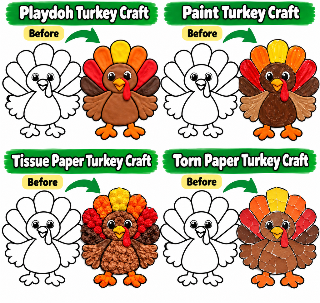 Thanksgiving Turkey Craft Printable | Turkey Art Activity for Kids | Playdough, Pom Pom, Tissue Paper & More