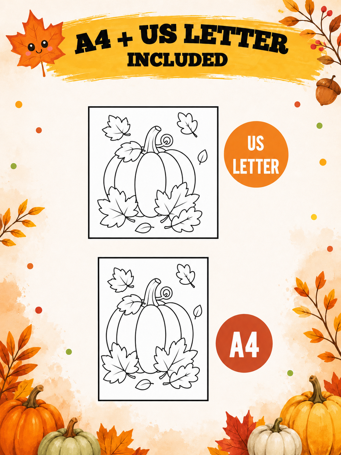 Fall Coloring Pages for Kids, Autumn Coloring Pages Printable, Fall Coloring Book, Pumpkin & Leaves Coloring Sheets, Fall Activity PDF