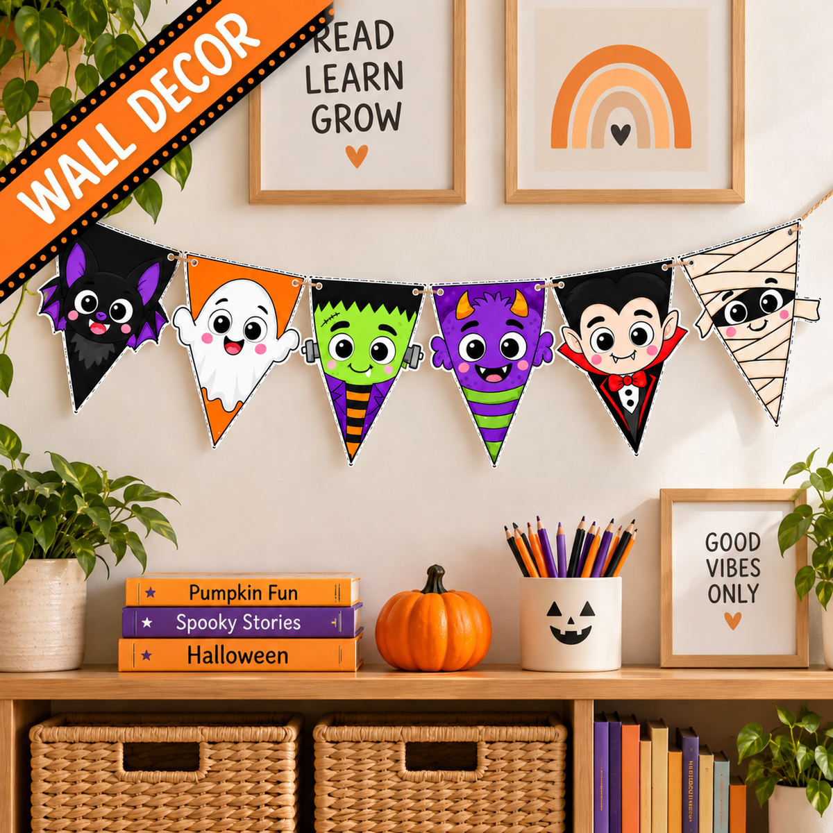 Halloween Character Banner Printable, Halloween Bunting, Halloween Pennant Garland, Classroom Door Decor, Halloween Bulletin Board Decor