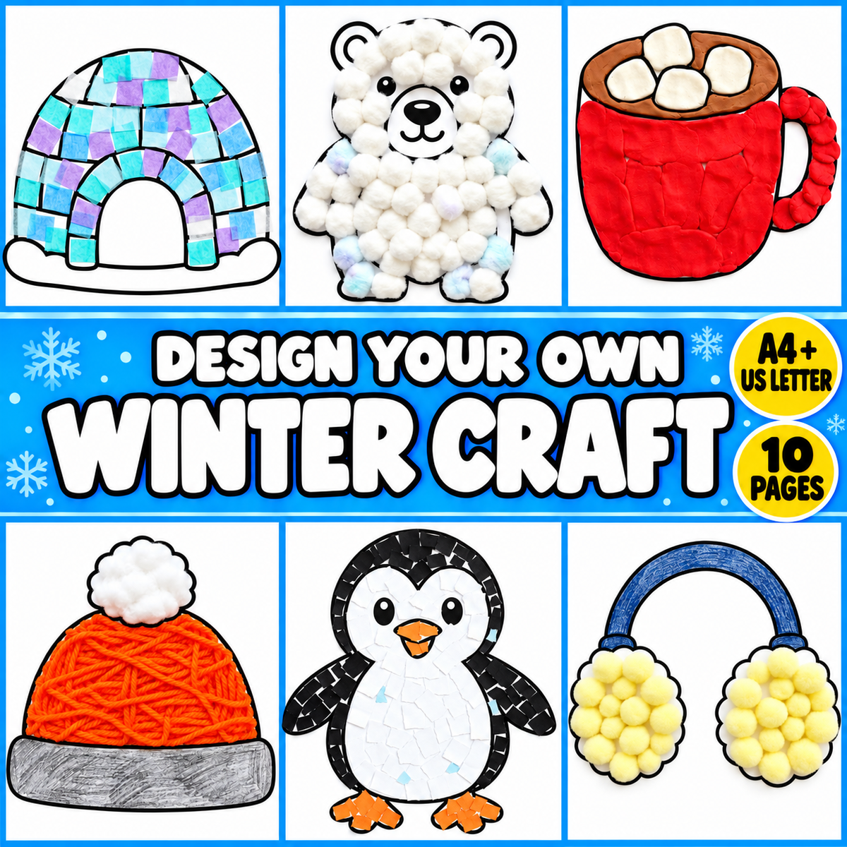 10 Winter Craft Templates for Kids, Winter Craft Worksheets, Winter Classroom Activities, Design Your Own Winter Craft, Winter Art Activity