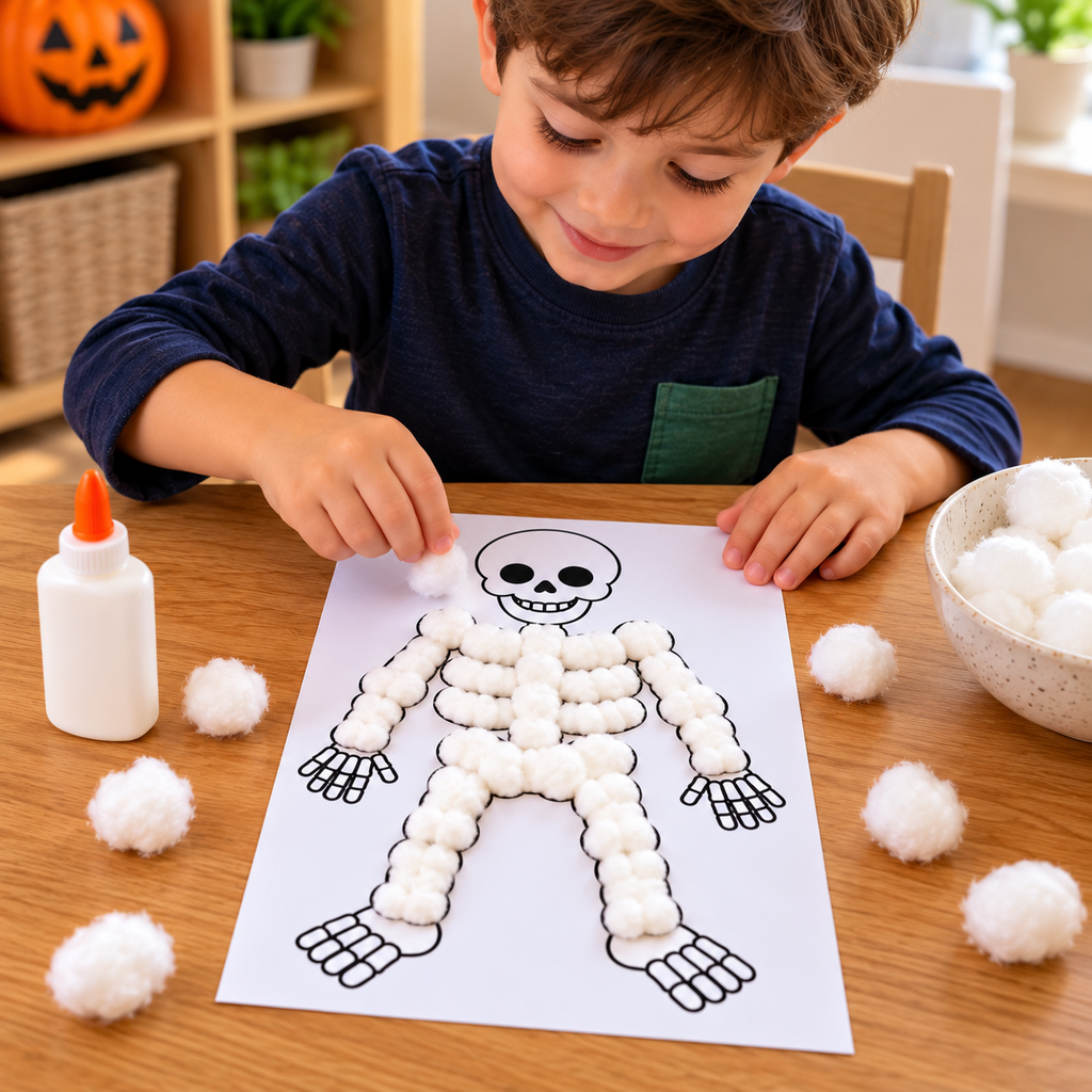 Skeleton Cotton Ball Craft Printable, Halloween Skeleton Craft for Kids, Preschool Halloween Activity, Cotton Ball Skeleton, Kids Halloween Craft