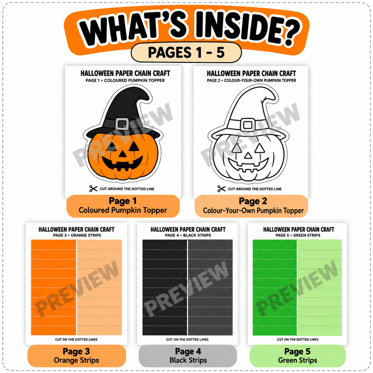 Halloween Paper Chain Craft Printable for Kids, Pumpkin Witch Paper Chain Garland, Halloween Classroom Decoration, Cut and Glue Activity