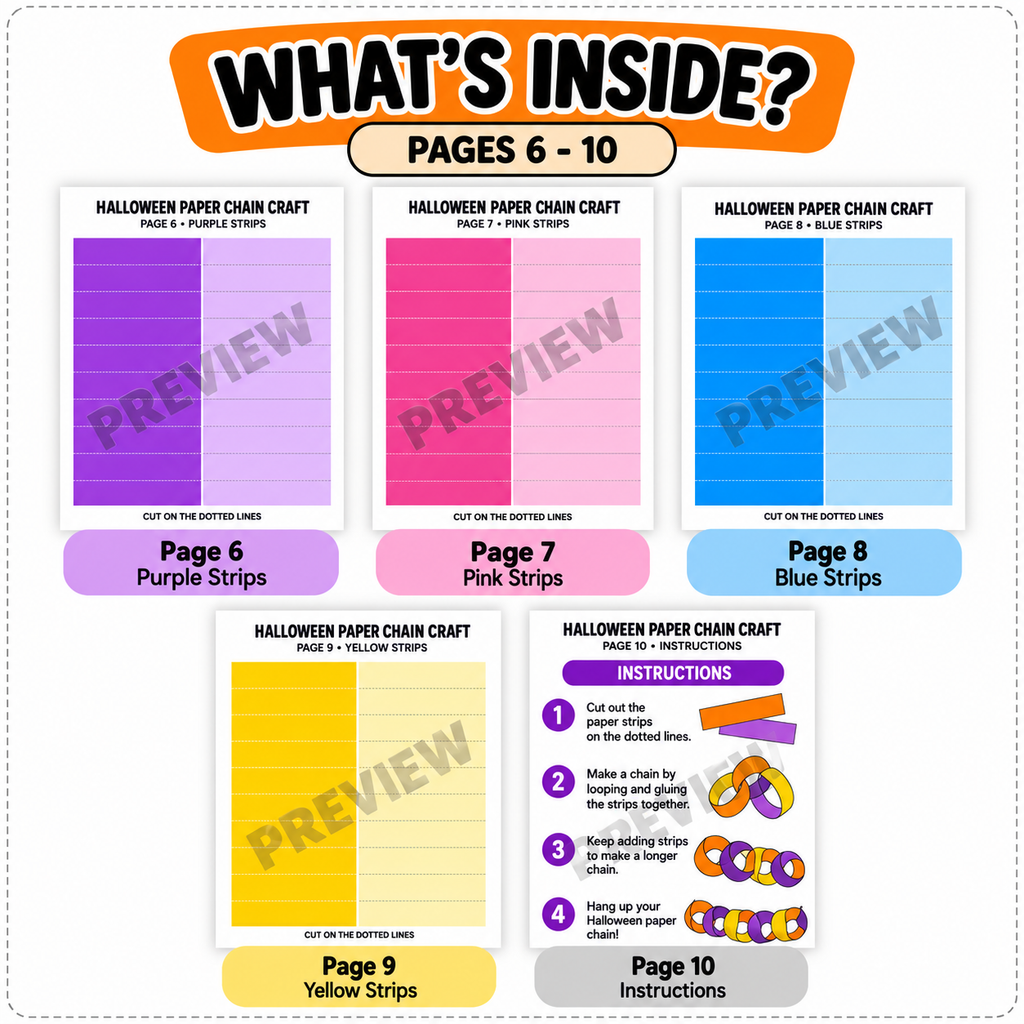 Halloween Paper Chain Craft Printable for Kids, Pumpkin Witch Paper Chain Garland, Halloween Classroom Decoration, Cut and Glue Activity