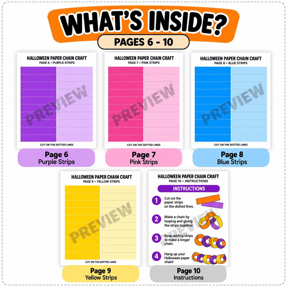 Halloween Paper Chain Craft Printable for Kids, Pumpkin Witch Paper Chain Garland, Halloween Classroom Decoration, Cut and Glue Activity