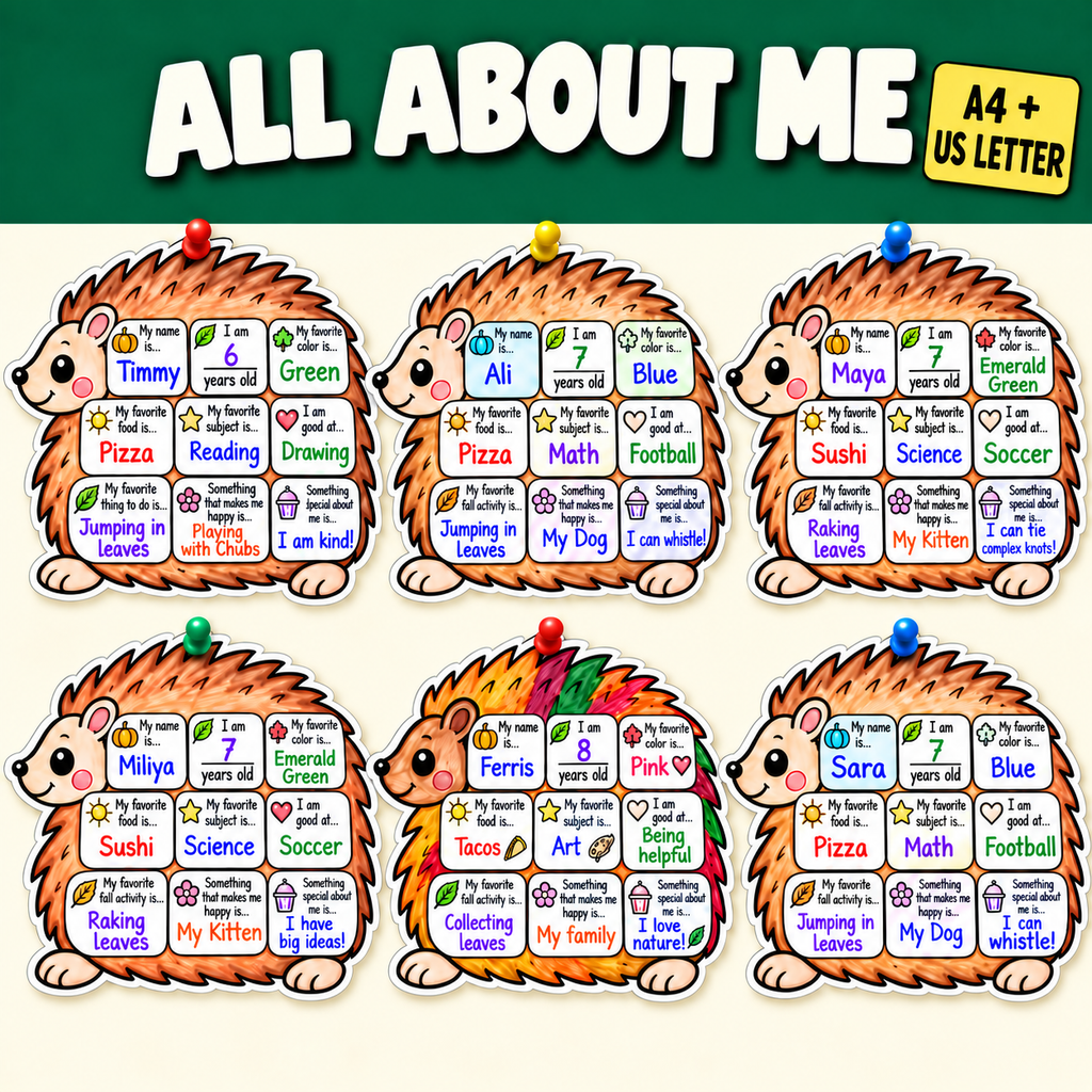All About Me Fall Worksheet, Hedgehog Printable for Kids, Autumn Classroom Activity, Fall Bulletin Board Craft, Student Introduction
