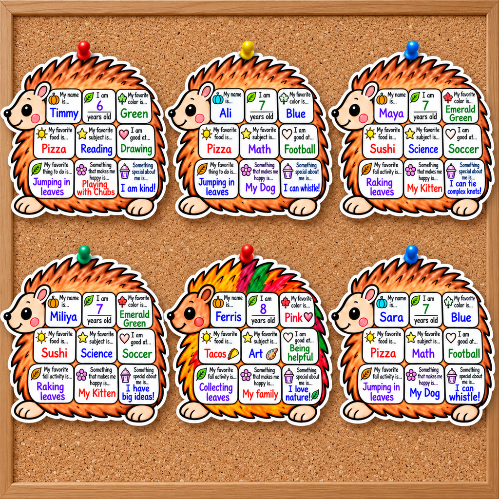 All About Me Fall Worksheet, Hedgehog Printable for Kids, Autumn Classroom Activity, Fall Bulletin Board Craft, Student Introduction