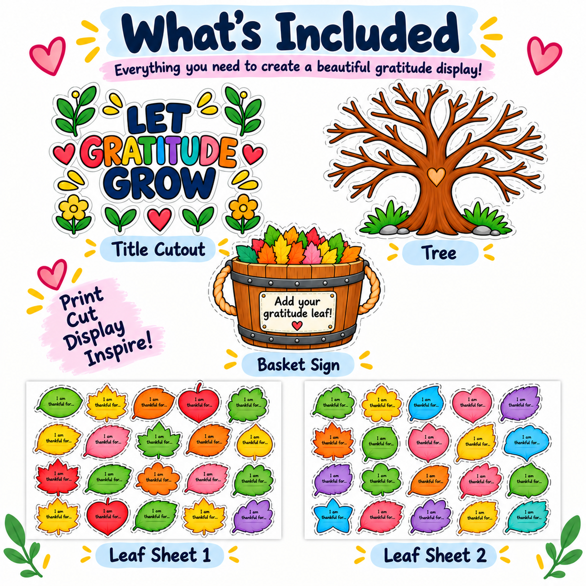 Thanksgiving Gratitude Tree Printable, Thankful Leaves Activity, Let Gratitude Grow Craft, Fall Bulletin Board, Gratitude Activity