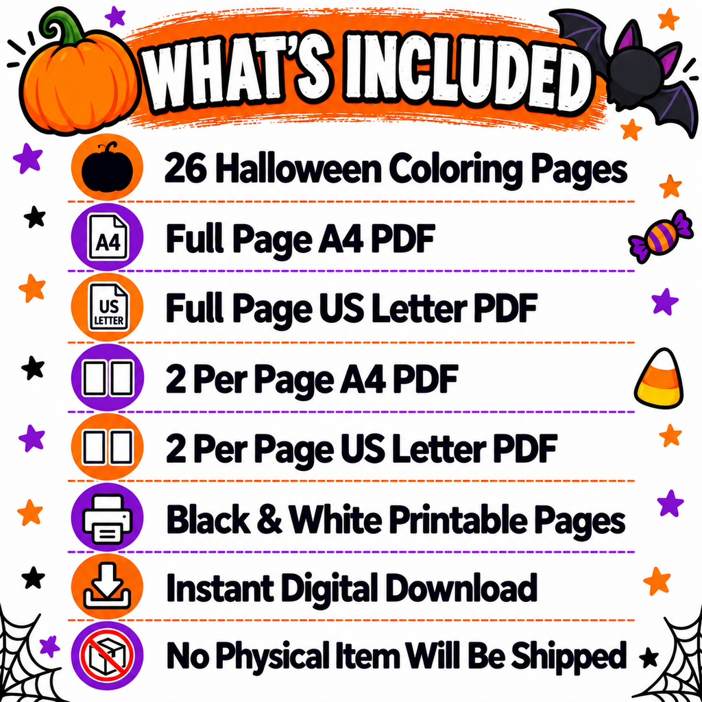 Halloween Coloring Pages for Kids, 26 Printable Halloween Coloring Sheets, Preschool Kindergarten Activity, Cute Spooky Coloring Book PDF