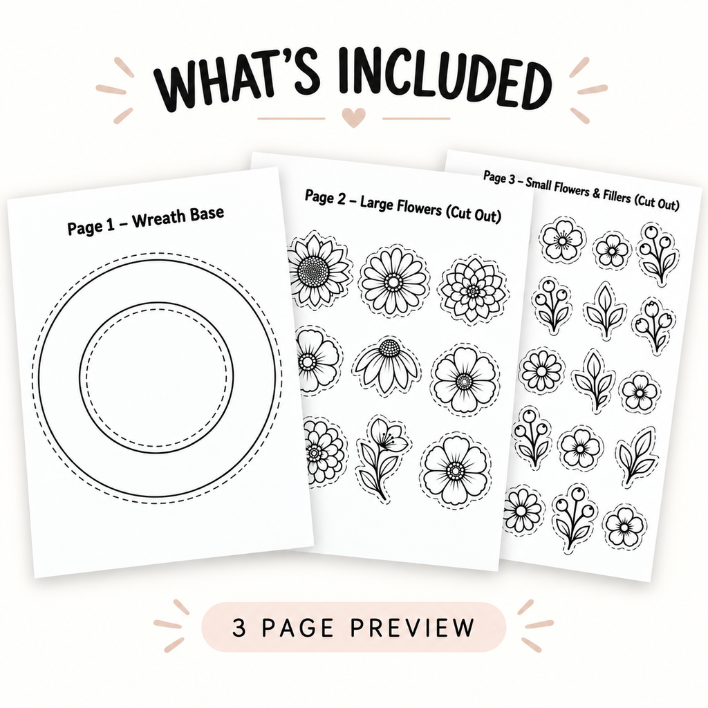 Autumn Wreath Craft Printable, Fall Leaves & Flowers Cut Out Template, Kids Coloring Activity
