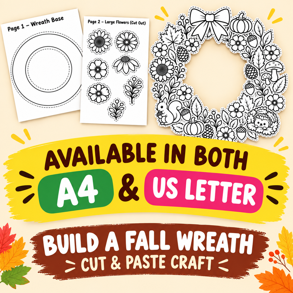 Autumn Wreath Craft Printable, Fall Leaves & Flowers Cut Out Template, Kids Coloring Activity
