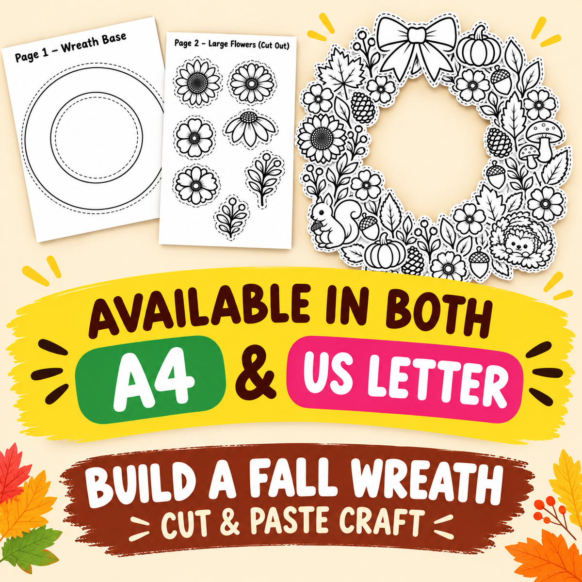 Autumn Wreath Craft Printable, Fall Leaves & Flowers Cut Out Template, Kids Coloring Activity