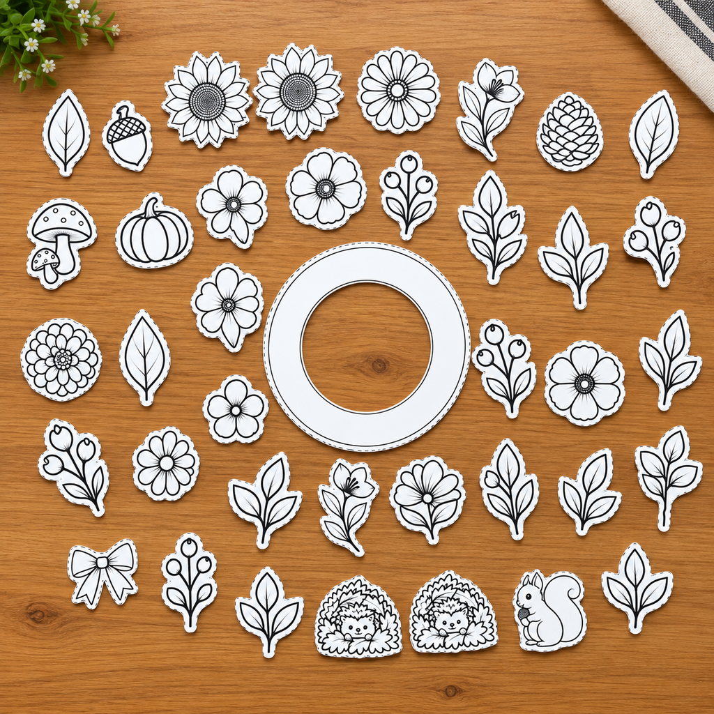 Autumn Wreath Craft Printable, Fall Leaves & Flowers Cut Out Template, Kids Coloring Activity