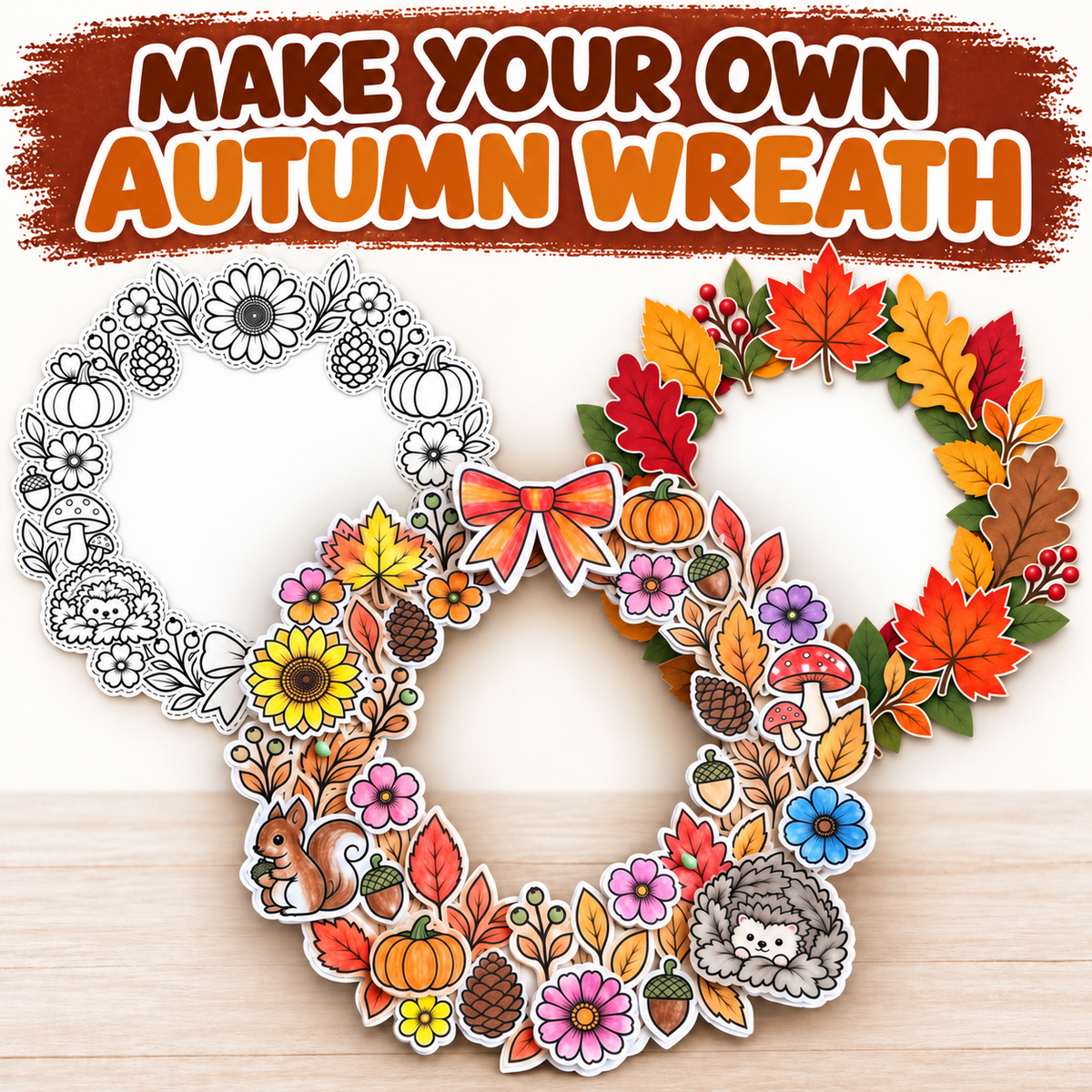 Autumn Wreath Craft Printable, Fall Leaves & Flowers Cut Out Template, Kids Coloring Activity