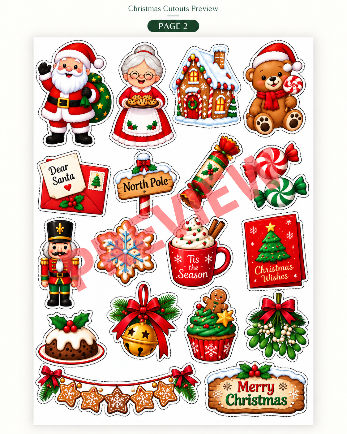 Christmas Cutouts Printable, Xmas Decorations, Holiday Craft, Gift Tags, Bulletin Board, Party Decor, Winter Classroom Printable