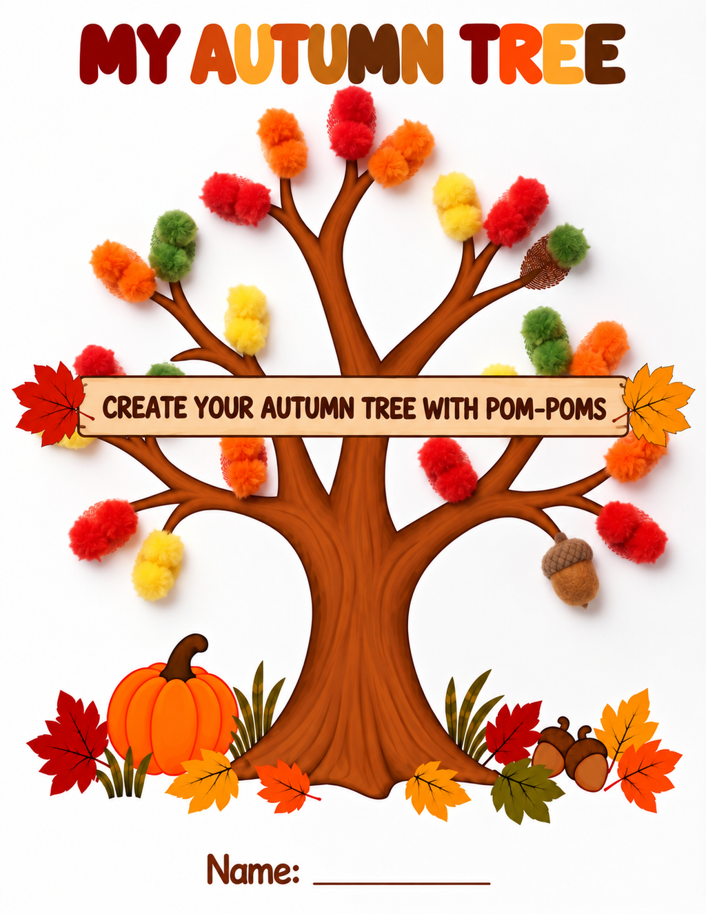 Fall Tree Craft Printable for Kids, Autumn Tree Template, Fingerprint, Pom Pom, Torn Paper, Play Dough Activity, Preschool Fine Motor Art