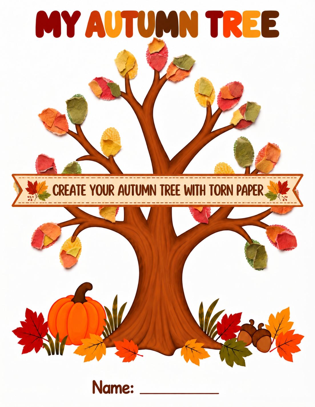 Fall Tree Craft Printable for Kids, Autumn Tree Template, Fingerprint, Pom Pom, Torn Paper, Play Dough Activity, Preschool Fine Motor Art
